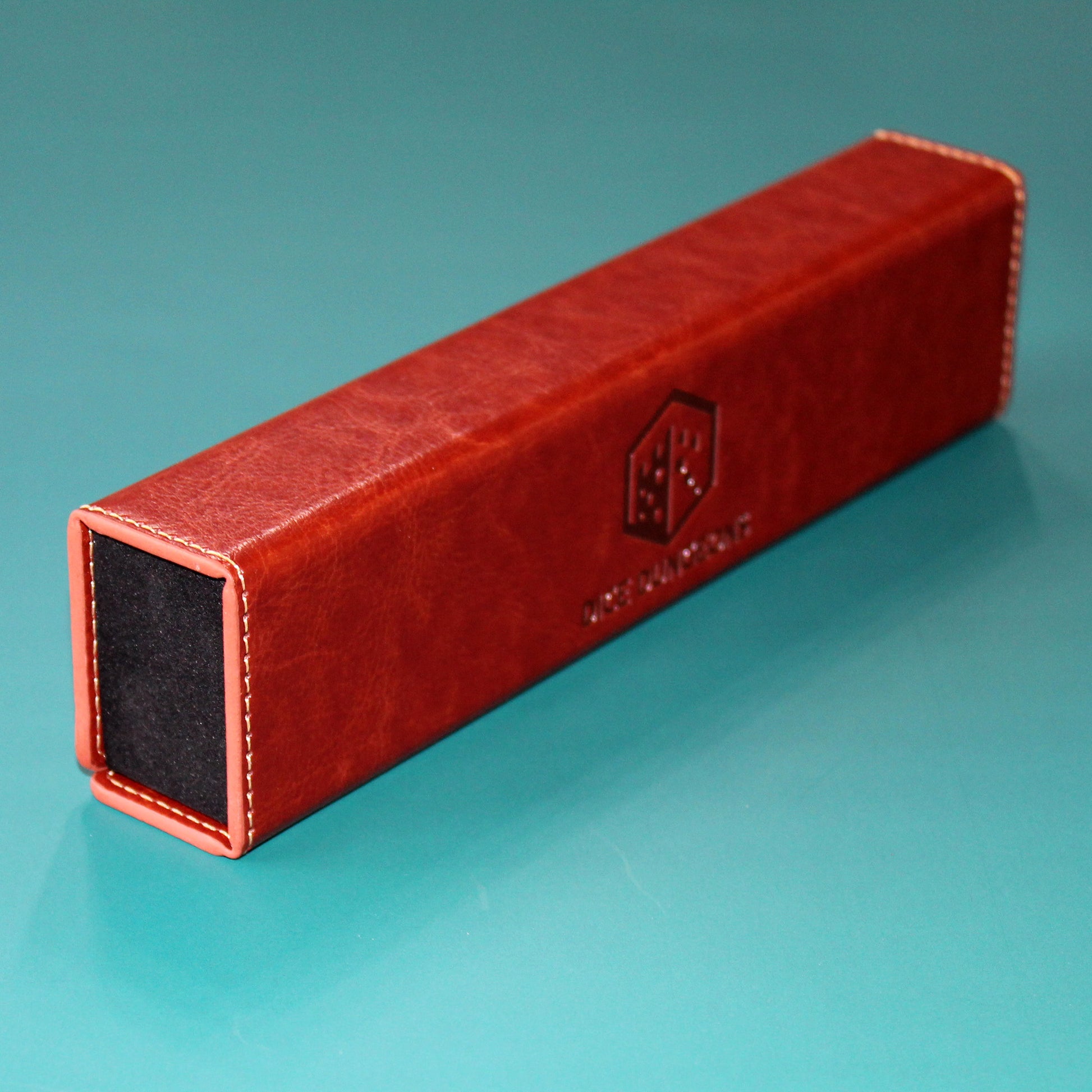 Closed Brown PU Leather Rectangular Dice Case, featuring a compact and protective design with magnets to keep the lid securely closed.