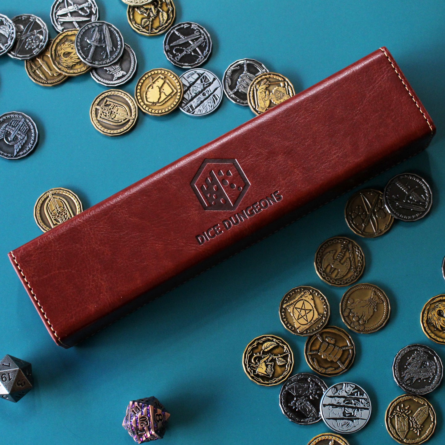 Closed Brown PU Leather Rectangular Dice Case with the Dice Dungeons logo embossed on the front.