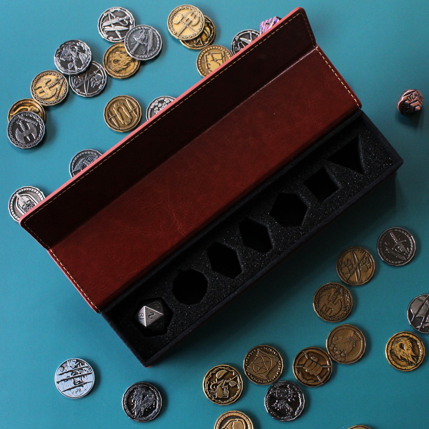 Top-down view of the open Brown PU Leather Rectangular Dice Case, showing the soft foam base with cutouts for 7 dice, ideal for delicate gemstone or glass dice sets.