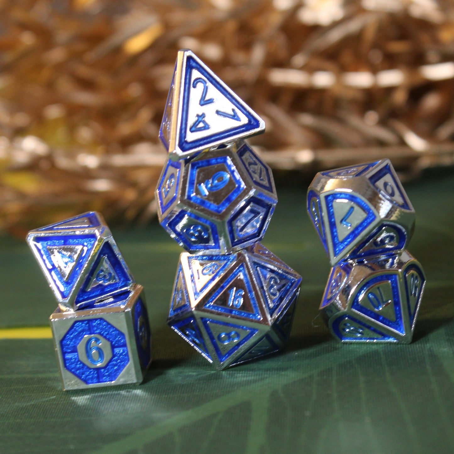 Metal BullsEye Blue & Silver Dice Set