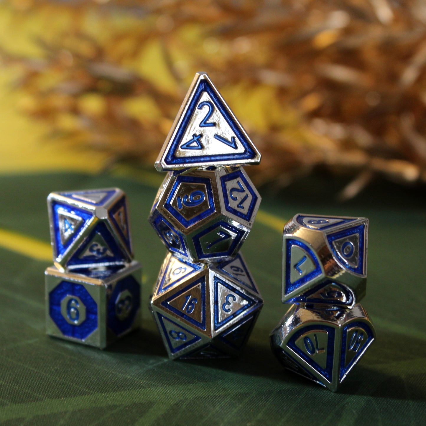 Metal BullsEye Blue & Silver Dice Set