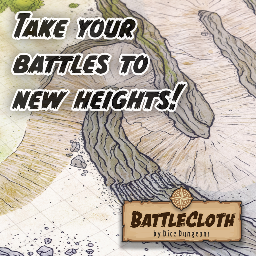Image of a cliffside path battle map with overlaid text "Take your battles to new heights"