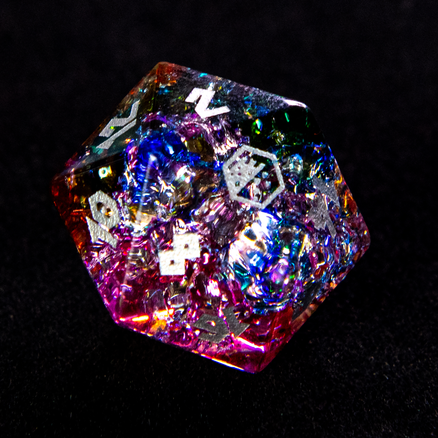 Frost Bound Frozen Rainbow Shattered Glass d20 on black.
