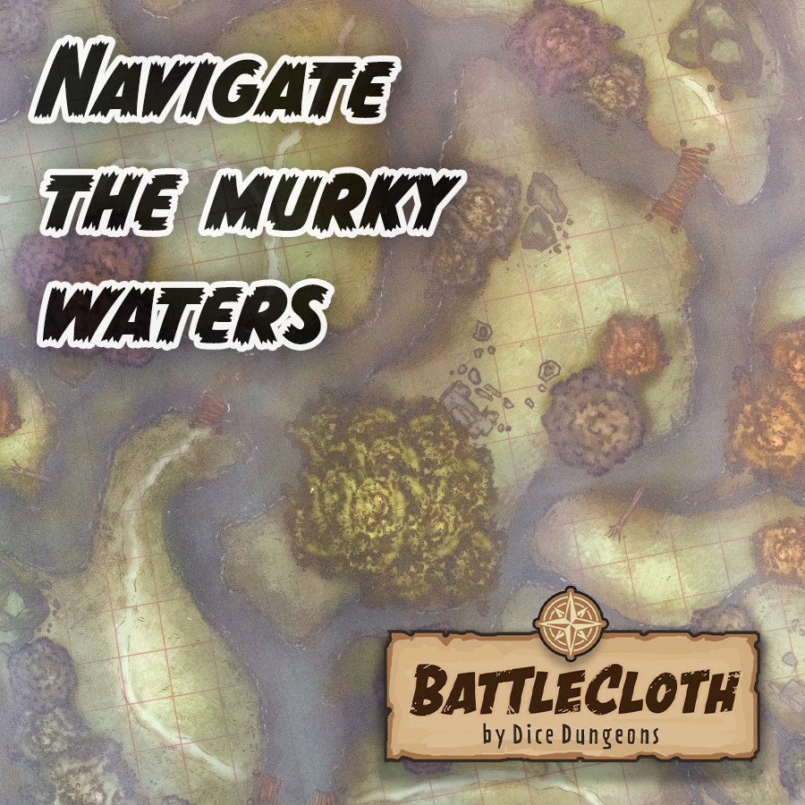Image of a swamp battle map with overlaid text that says "Navigate the murky waters".