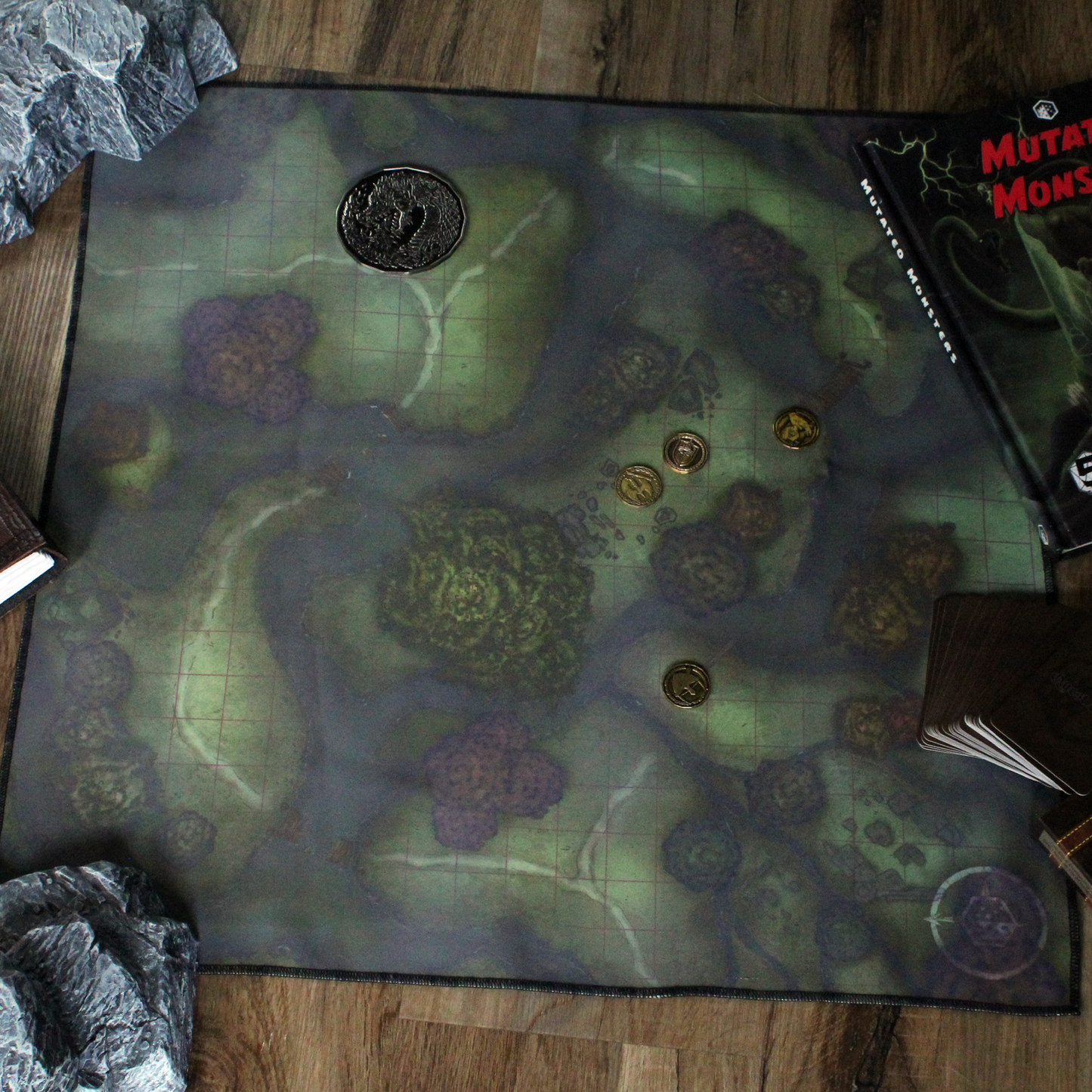 Photograph of a swamp battle map with various coins on top of it