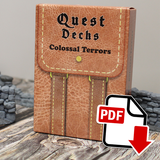 Photo of Quest Deck: Colossal Terrors physical deck with a PDF icon superimposed indicating that this is a digital download.  Colossal Terrors focuses on monster hunting and other things that lurk in the night. Can your party of adventurers handle the gargantuan creatures inside?