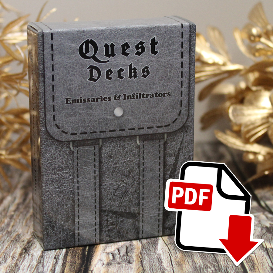 Photo of Quest Deck: Emissaries & Infiltrators physical deck with a PDF icon superimposed indicating that this is a digital download. Emissaries & Infiltrators focuses on political intrigue behind powerful people, governments, organizations and courts. Engage in subterfuge at your own risk