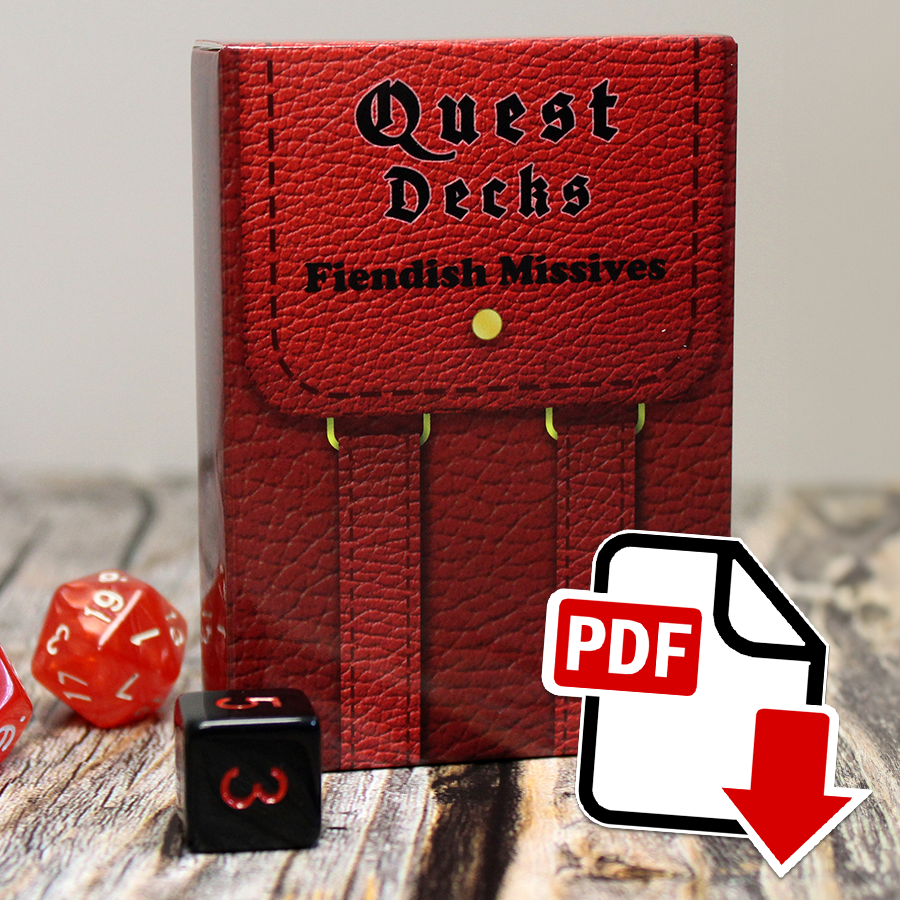 Photo of Quest Deck: Fiendish Missives physical deck with a PDF icon superimposed indicating that this is a digital download. Fiendish Missives focuses on demonic cults, secret sects, and otherworldly pacts. When deciding to make a deal with a demon, you should always read the fine print.
