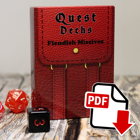 Photo of Quest Deck: Fiendish Missives physical deck with a PDF icon superimposed indicating that this is a digital download.  Fiendish Missives focuses on demonic cults, secret sects, and otherworldly pacts.  When deciding to make a deal with a demon, you should always read the fine print.