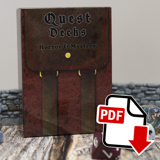 Photo of Quest Deck: Horror & Mystery physical deck with a PDF icon superimposed indicating that this is a digital download.  Horror & Mystery focuses on shadowy beings, ominous messages, and maniacal murderers for your party to solve or apprehend.