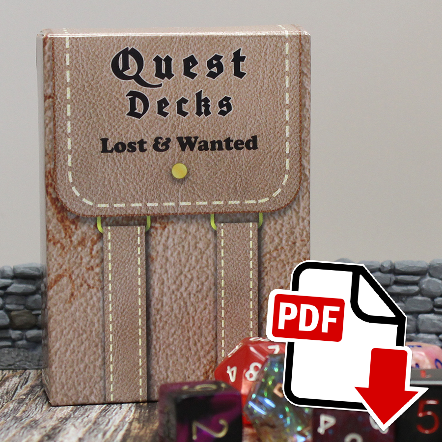 Photo of Quest Deck: Lost & Wanted physical deck with a PDF icon superimposed indicating that this is a digital download. Lost & Wanted focuses on wanted posters to help track down dangerous criminals, missing children, or mysterious characters for your party to seek out and bring to justice or rescue.