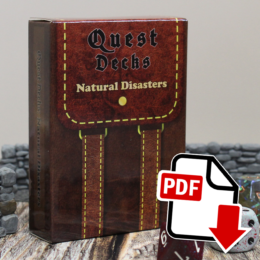 Photo of Quest Deck: Natural Disasters physical deck with a PDF icon superimposed indicating that this is a digital download. Natural Disasters focuses on supernatural storms and other forces of nature to be reckoned with by your players.