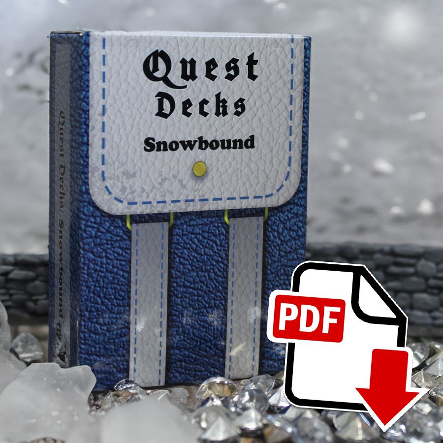 Photo of Quest Deck: Snowbound physical deck with a PDF icon superimposed indicating that this is a digital download. Snowbound focuses on exploration in a frozen landscape with ancient evils long frozen and best forgotten as well as perilous landscapes for players to encounter.