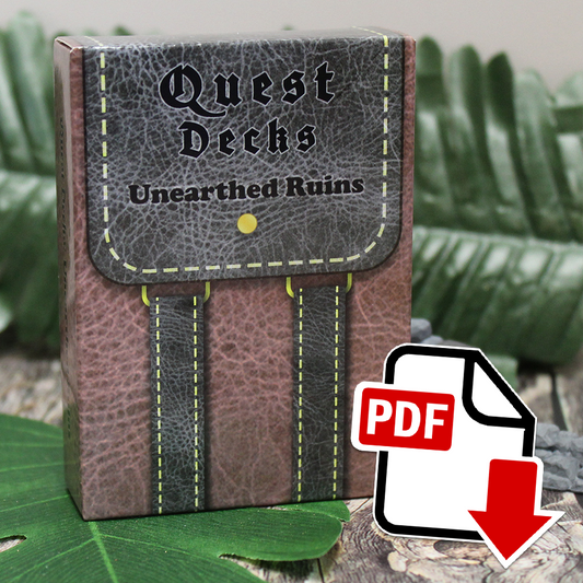 Photo of Quest Deck: Unearthed Ruins physical deck with a PDF icon superimposed indicating that this is a digital download.  Unearthed Ruins focuses on delving deep beneath the surface and digging up ruins in the wilderness encouraging your players to explore forgotten history.