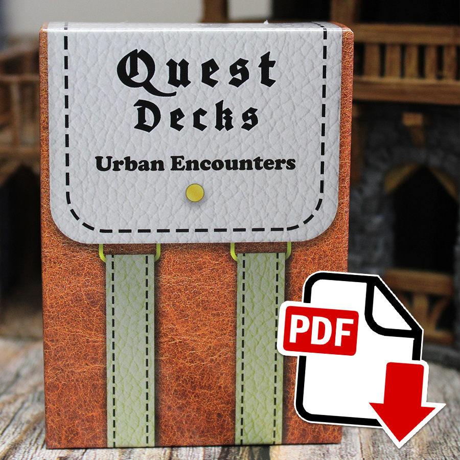 Photo of Quest Deck: Urban Encounters physical deck with a PDF icon superimposed indicating that this is a digital download. Urban encounters focuses on the seedy underbelly and the shadowy secrets that can be found in a city instead of the wilds.