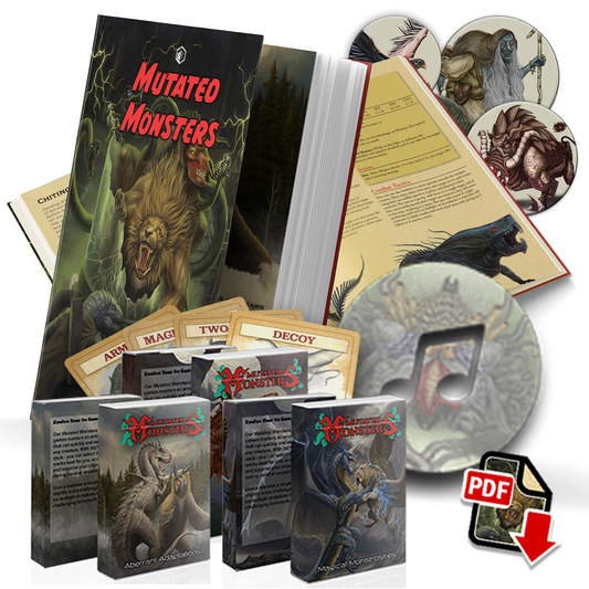 Mutated Monsters Digital Bundle with PDF book, mutation decks, soundtrack, and VTT tokens for DnD and tabletop RPGs.