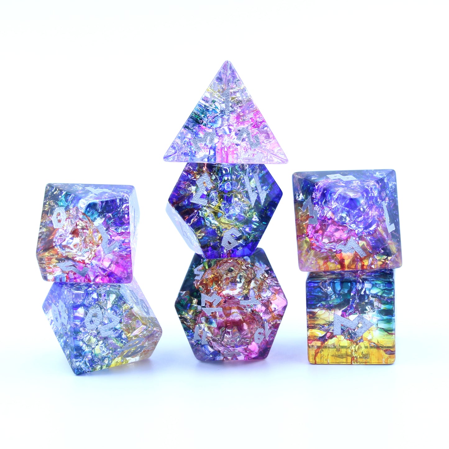 Hand-carved shattered glass dice with silver numbers, perfect for DnD and other tabletop RPGs.
