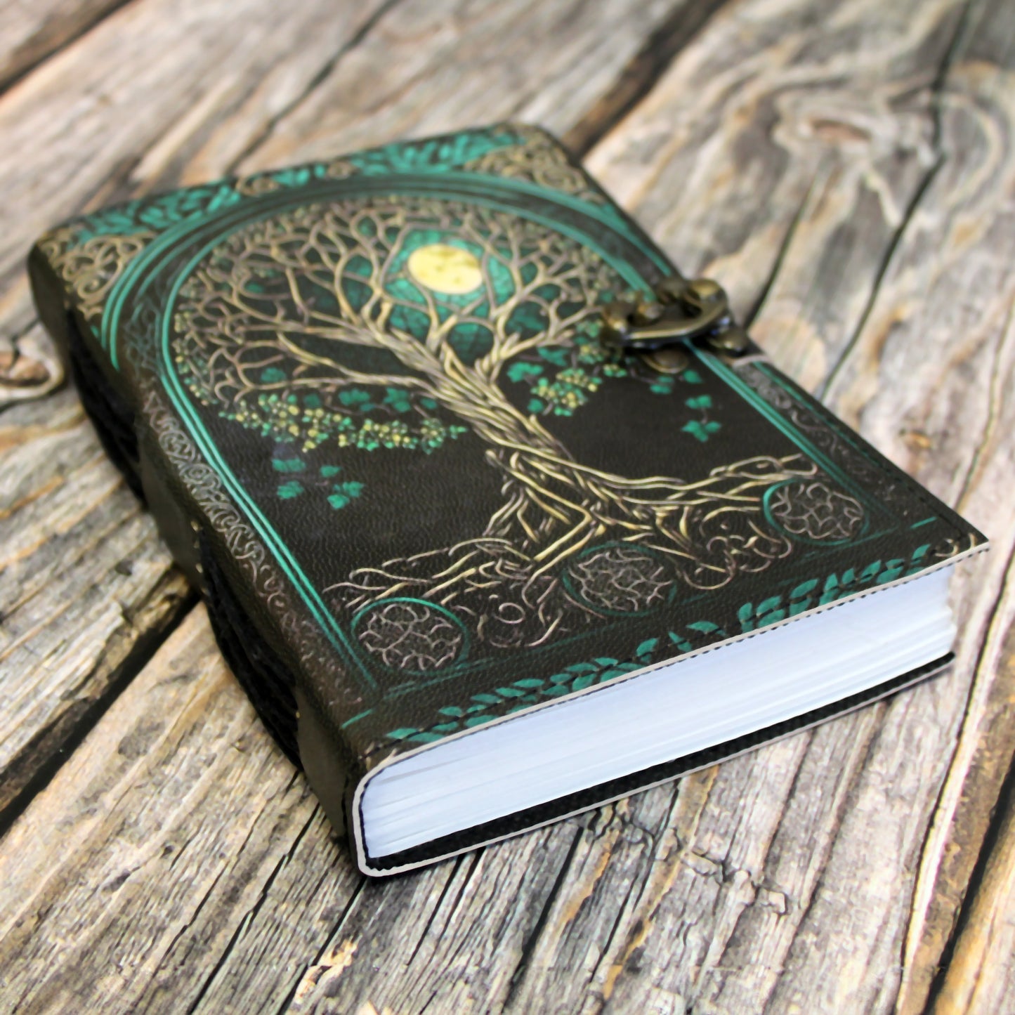 Durable RPG journal accessory with rich green leather and gold detailing, perfect for players and dungeon masters alike