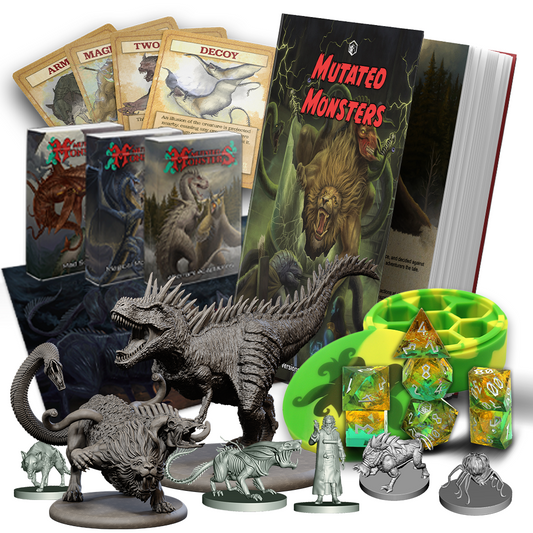 A group of items including Miniatures, Dice, a Silicon dice case, and a hardcover book.