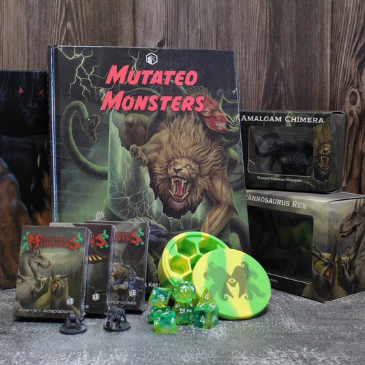A real world shot of items from set; including miniatures, dice, silicon dice case, card decks, and hardcover book.