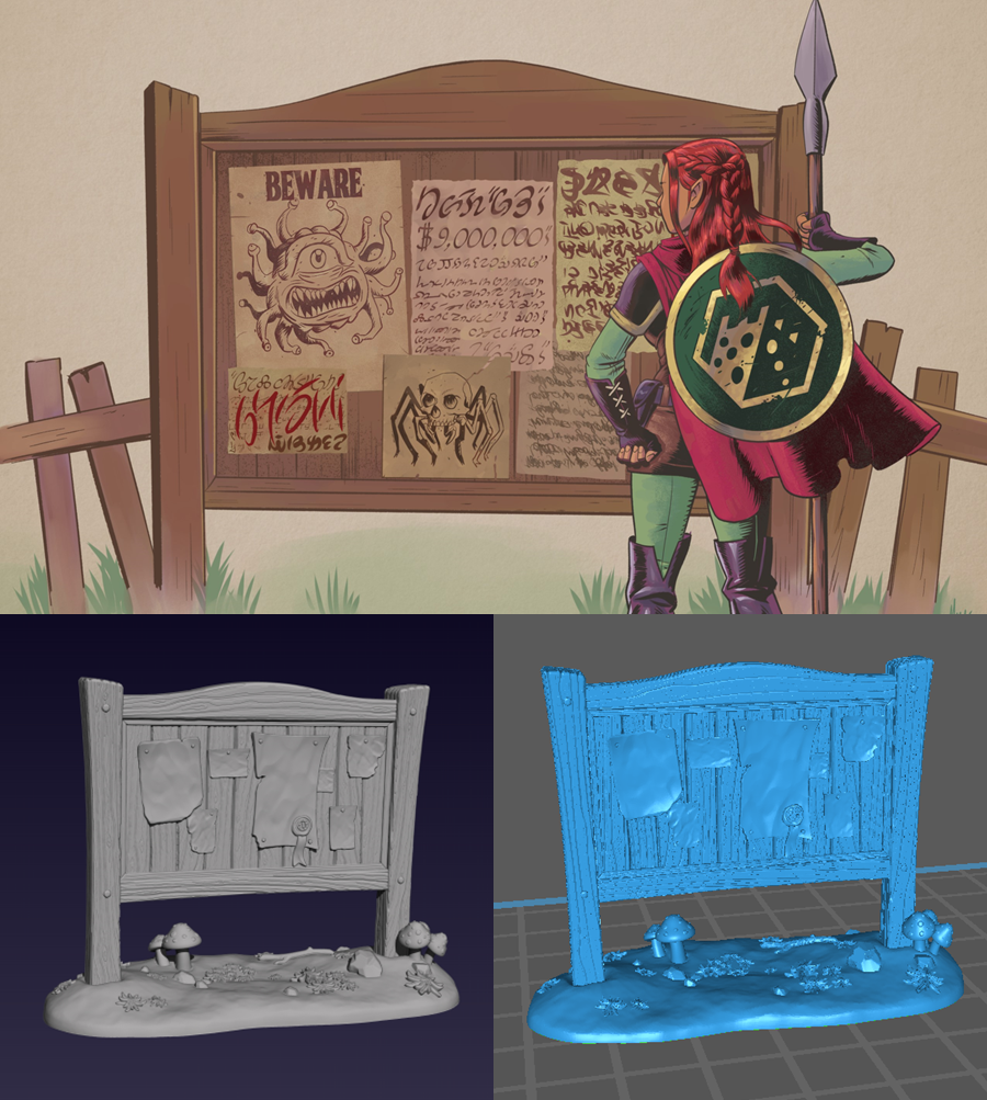 Artwork and renderings of a printable quest board, available as an STL for download. Designed for both resin and filament based 3d printers, and based on Standing display of version 1 of the 10 pack of Quest Decks contaning quest prompts perfect for Dungeons & Dragons, Pathfinder, and many other tabletop RPG game. original artwork for Quest Decks.