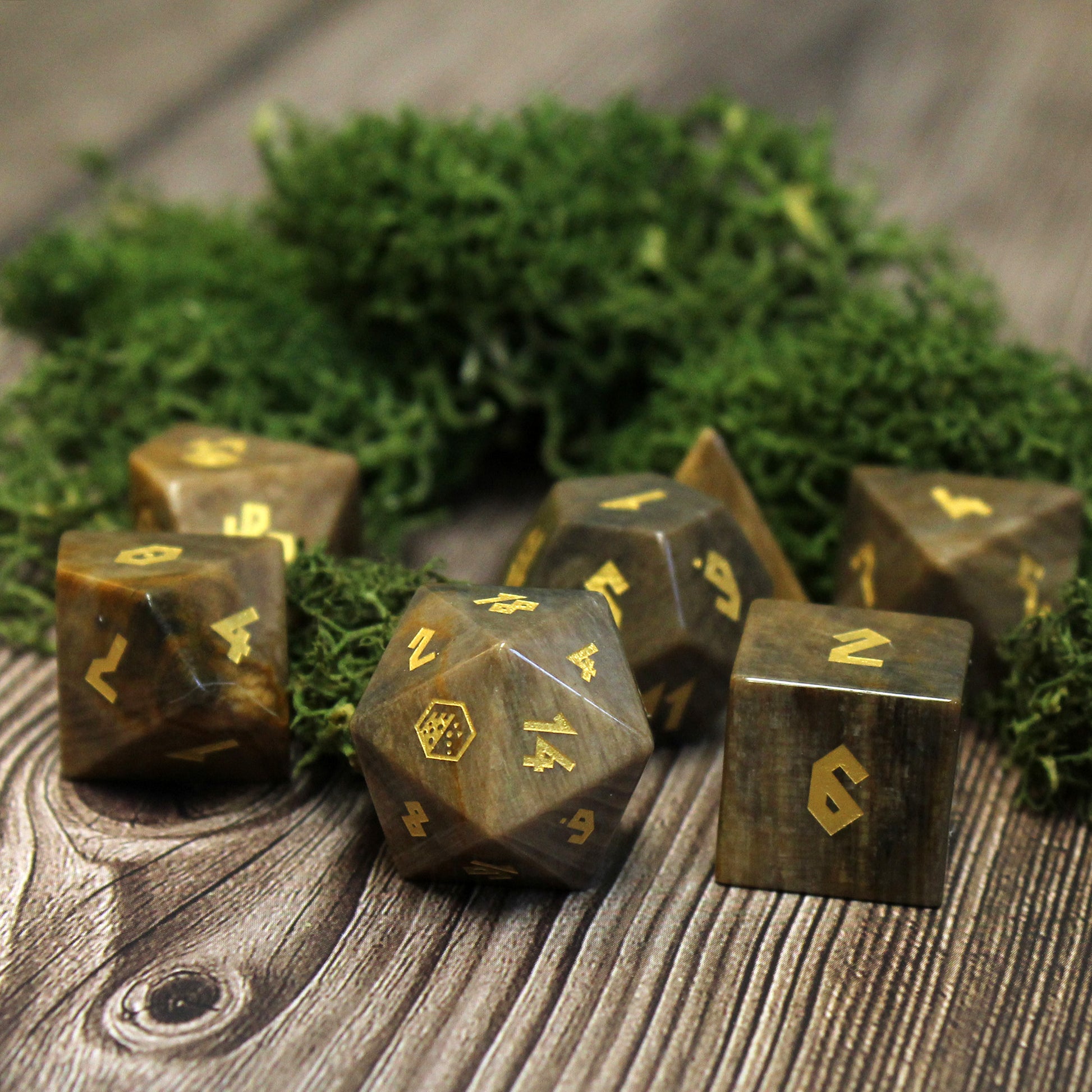 Dice set in front of moss, capturing the ancient spirit of the forest for your next DnD adventure.