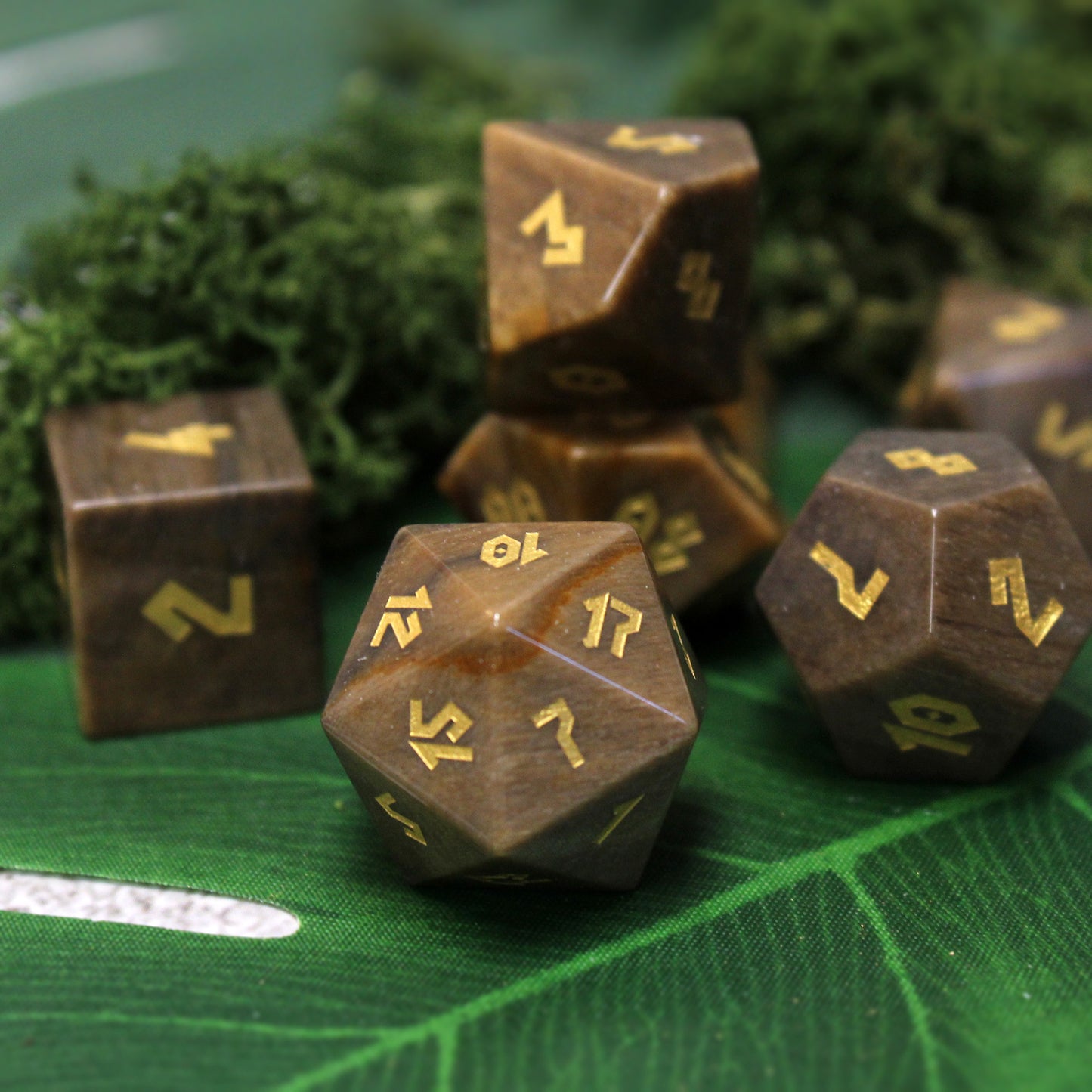 Petrified wood D20 die on natural background, capturing the essence of ancient forests for Dungeons and Dragons.