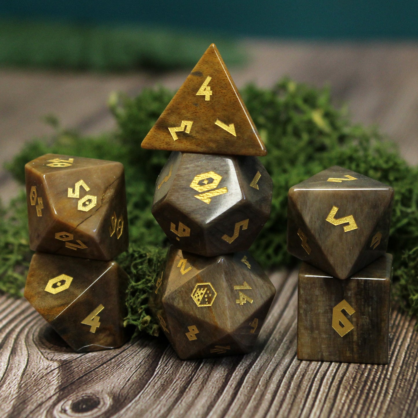 Stacked dice set on wooden table, showcasing rich deep browns of petrified wood for DnD and nature-themed RPGs.