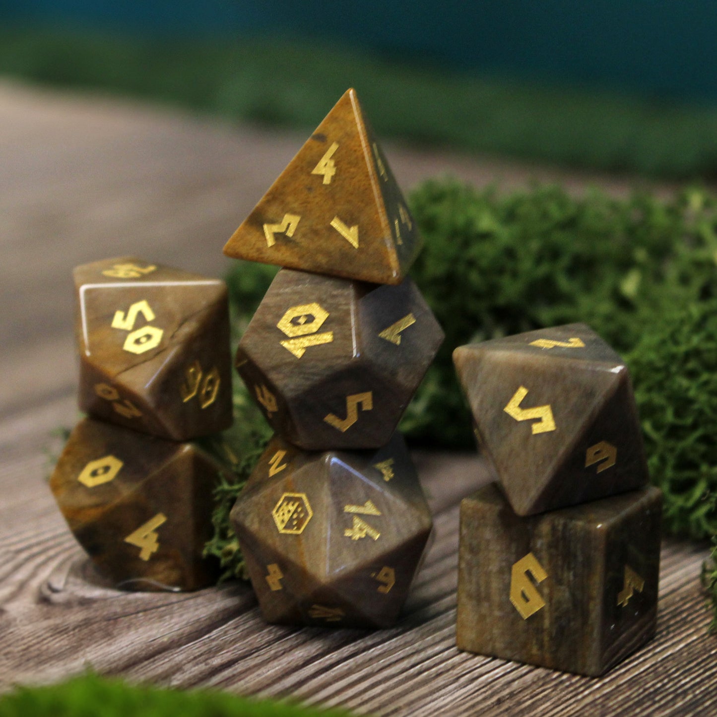 Stacked dice set on wooden table, showcasing substantial feel and natural materials for tabletop gaming.