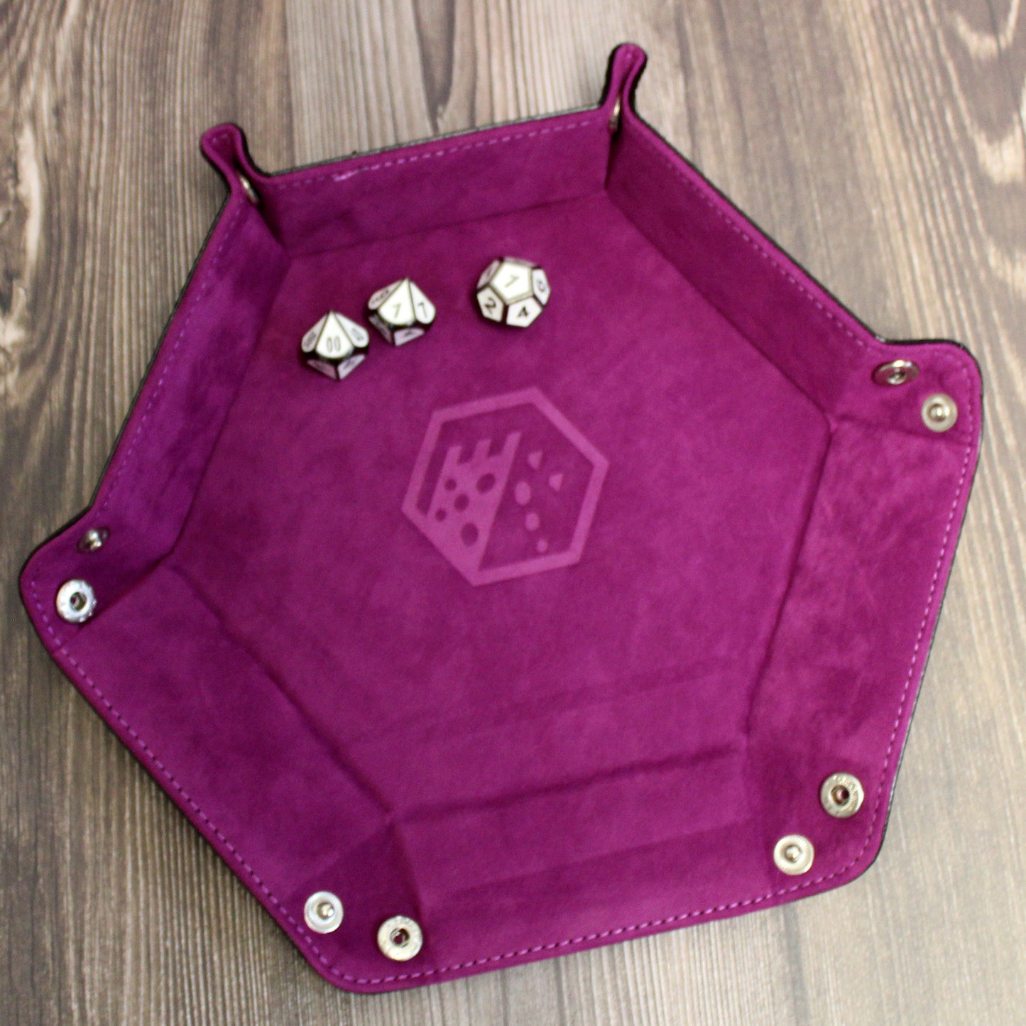 Purple Folding Hexagonal Dice Tray snapped on two sides to create a backstop for rolling. Great for metal and gemstone dice.