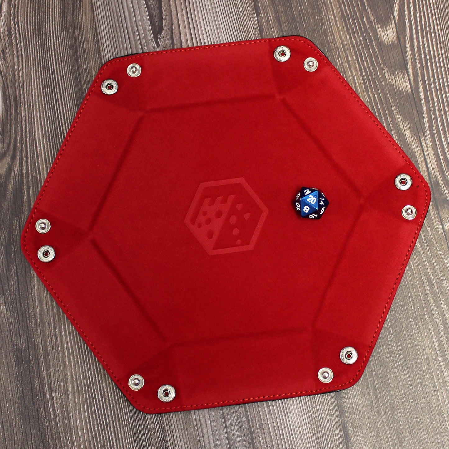 Red Folding Hexagonal Dice Tray fully unsnapped and laid flat.