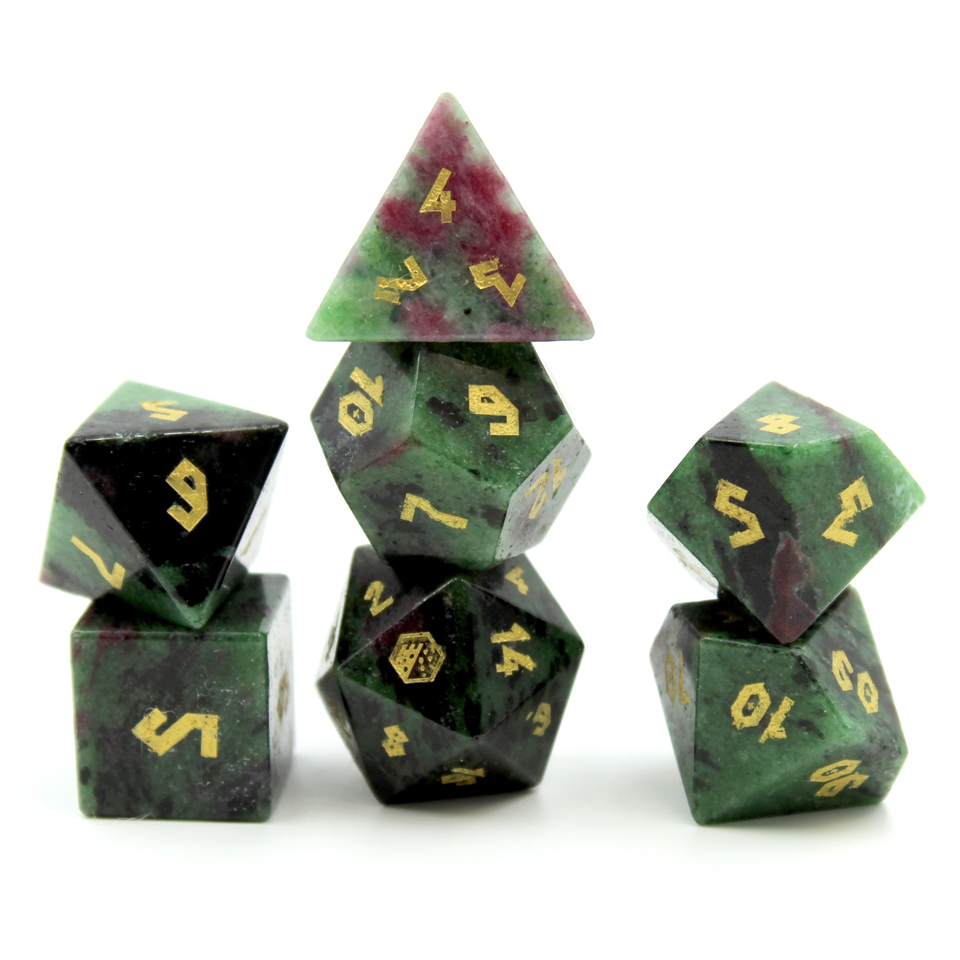 Ruby Zoisite Dice Set showcasing vibrant hues of deep red and green, adding luxury to your DnD gameplay.