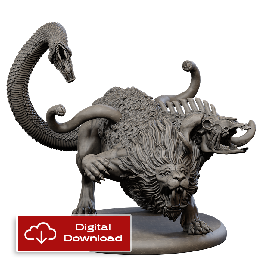 Unpainted Amalgam Chimera miniature on a white background with the words "Digital Download" superimposed over the bottom left corner