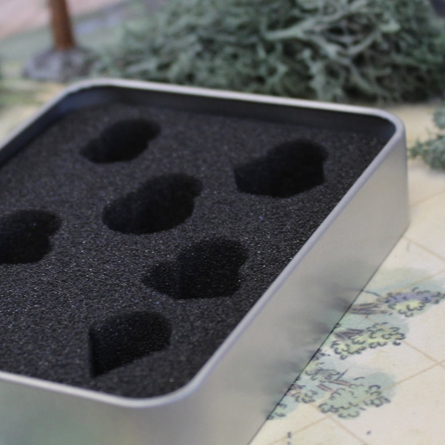 Soft foam dice box for holding dnd box.
