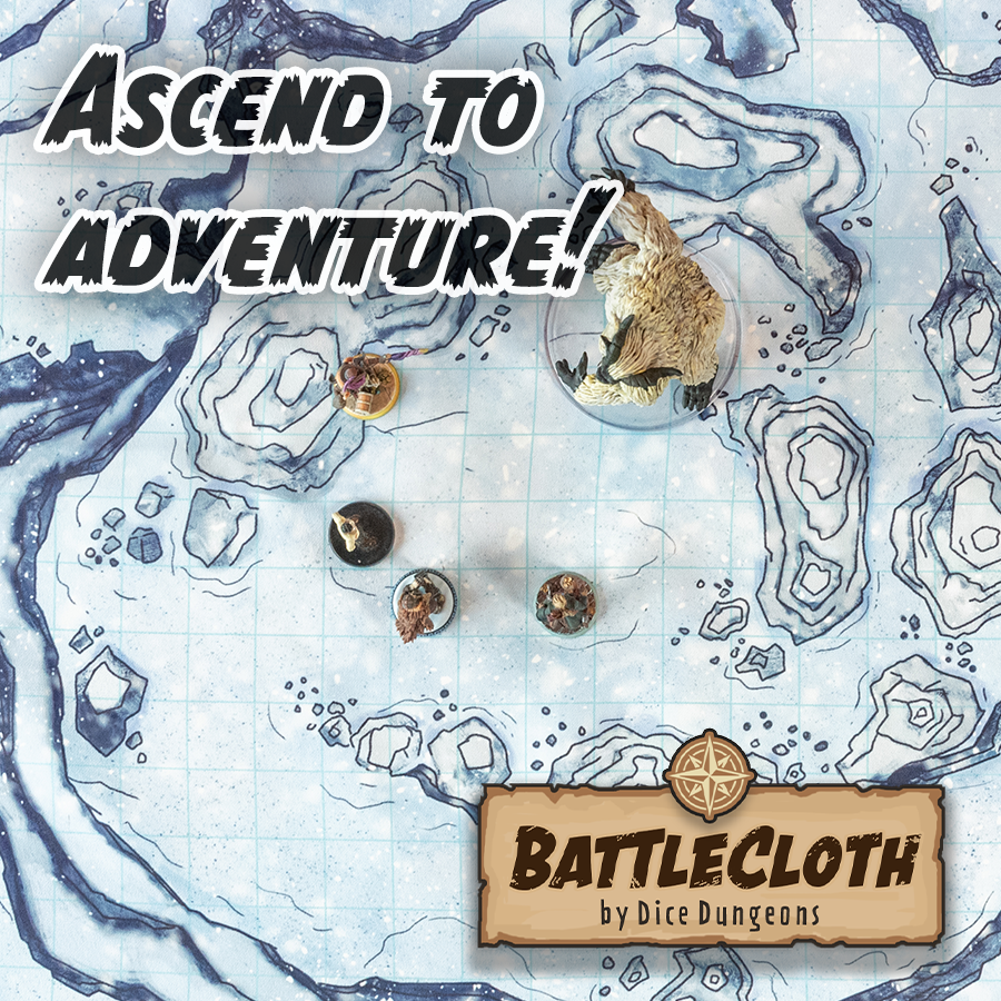Overtop photo of a snowy battle map with overlaid text "Ascend to adventure!"