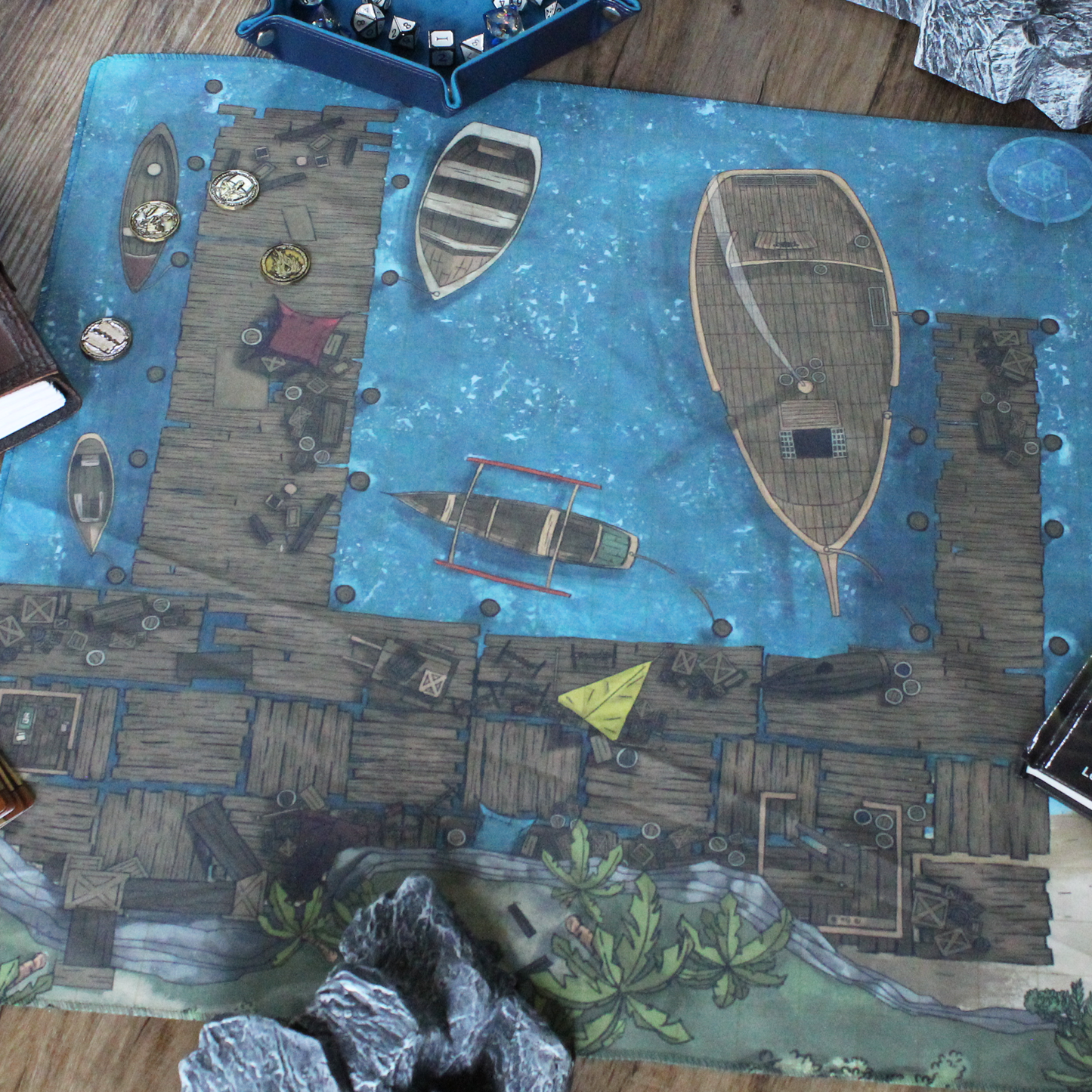 Photo of a battle map depicting a series of docks with various metal tokens on it