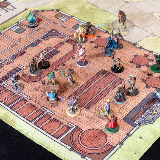 Isometric photo of a tavern battle map with multiple adventurers on it