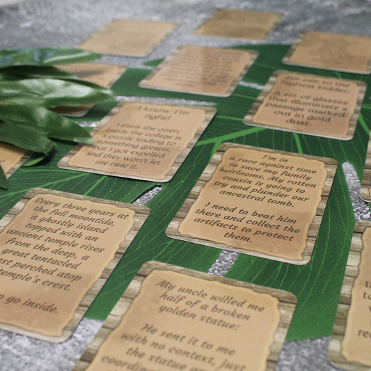Cards from Quest Decks: Unearthed Ruins spread out, showcasing 45 unique quest prompts for DnD and tabletop RPGs.