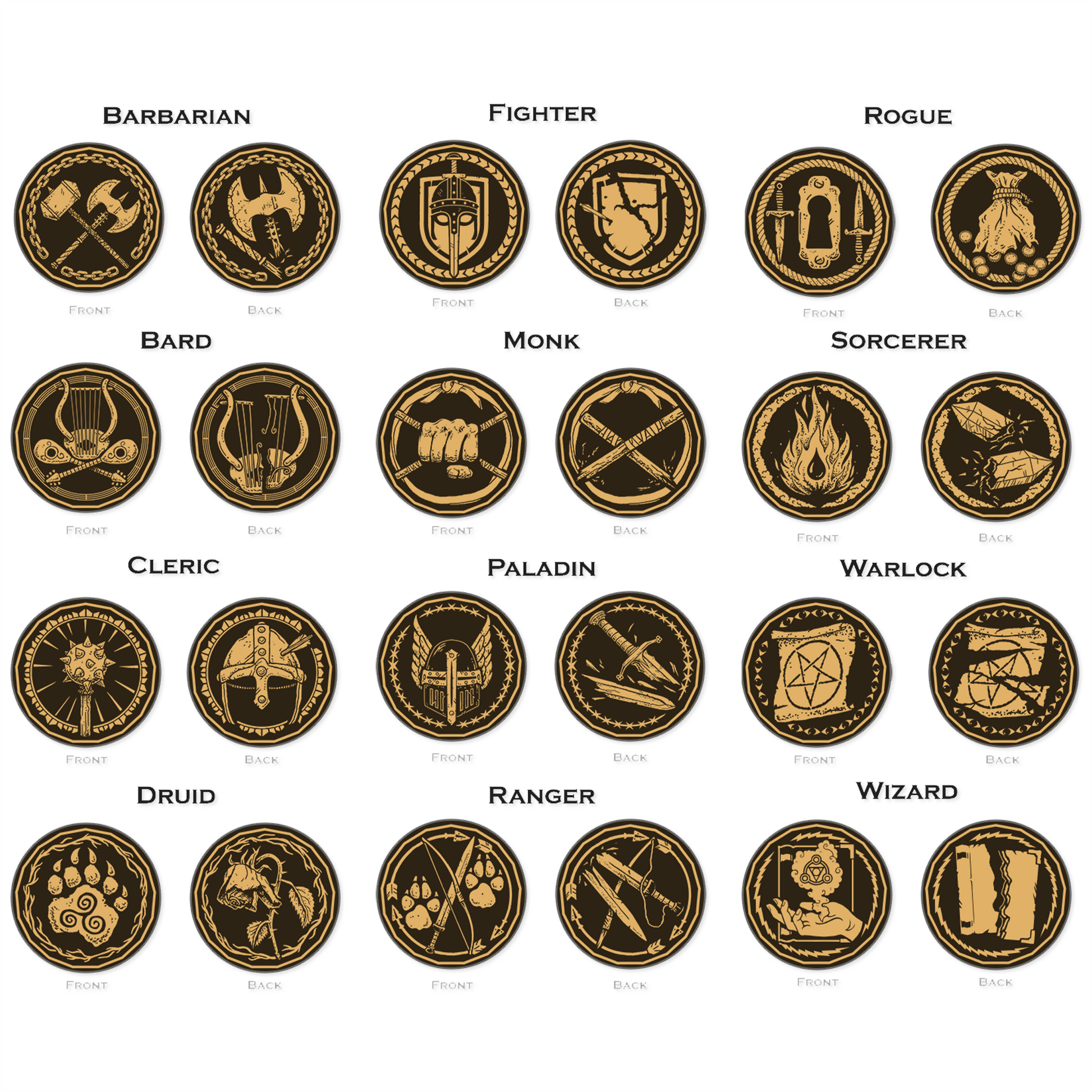 Back and Front art for Class Character Coins for Dungeons and Dragons