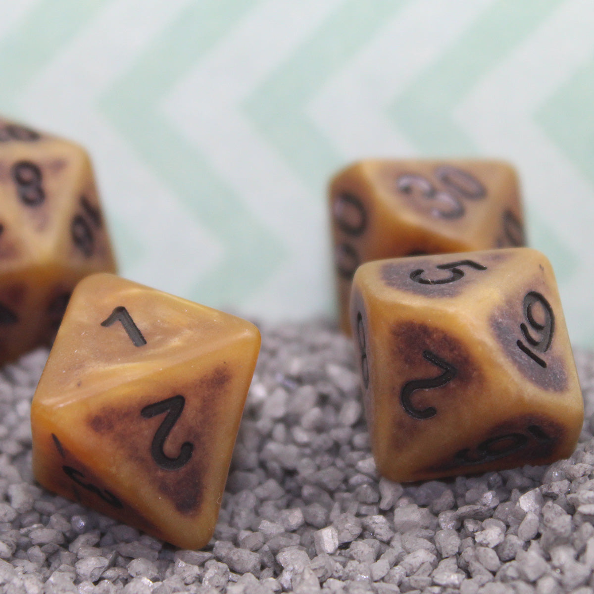 Antique Brown-Gold Polymer Dice Set close up.