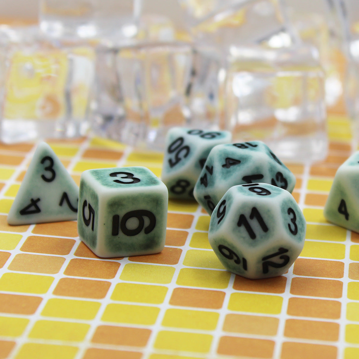 Antique White-pine plastic dice - closeup.