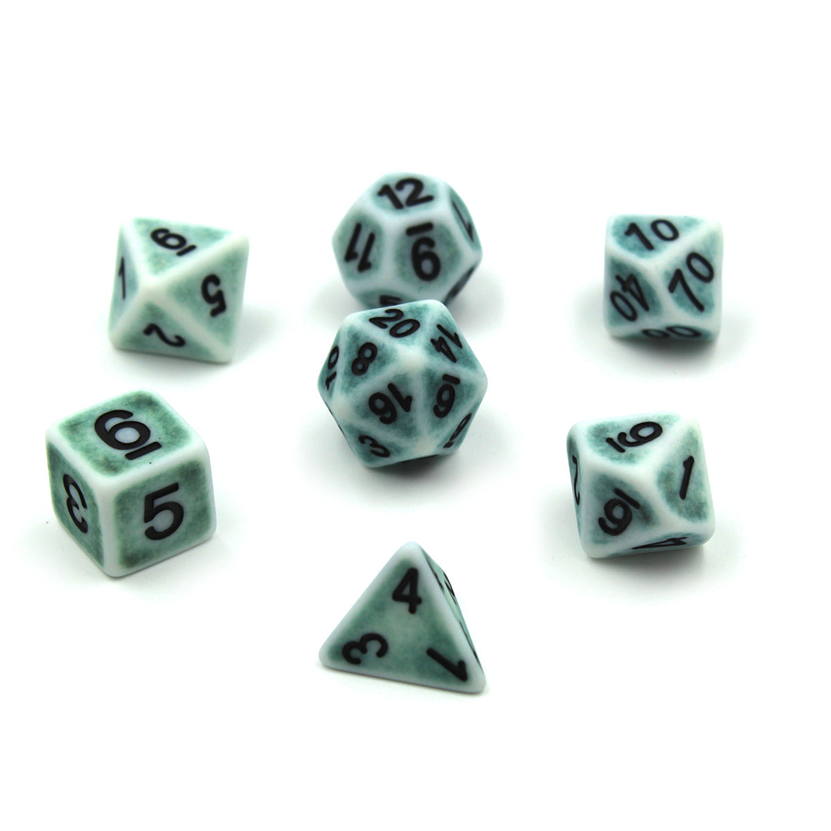 full 7 piece antique white dice set.