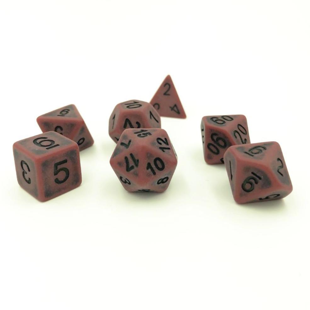 Antiqued red dice set for dungeons and dragons.