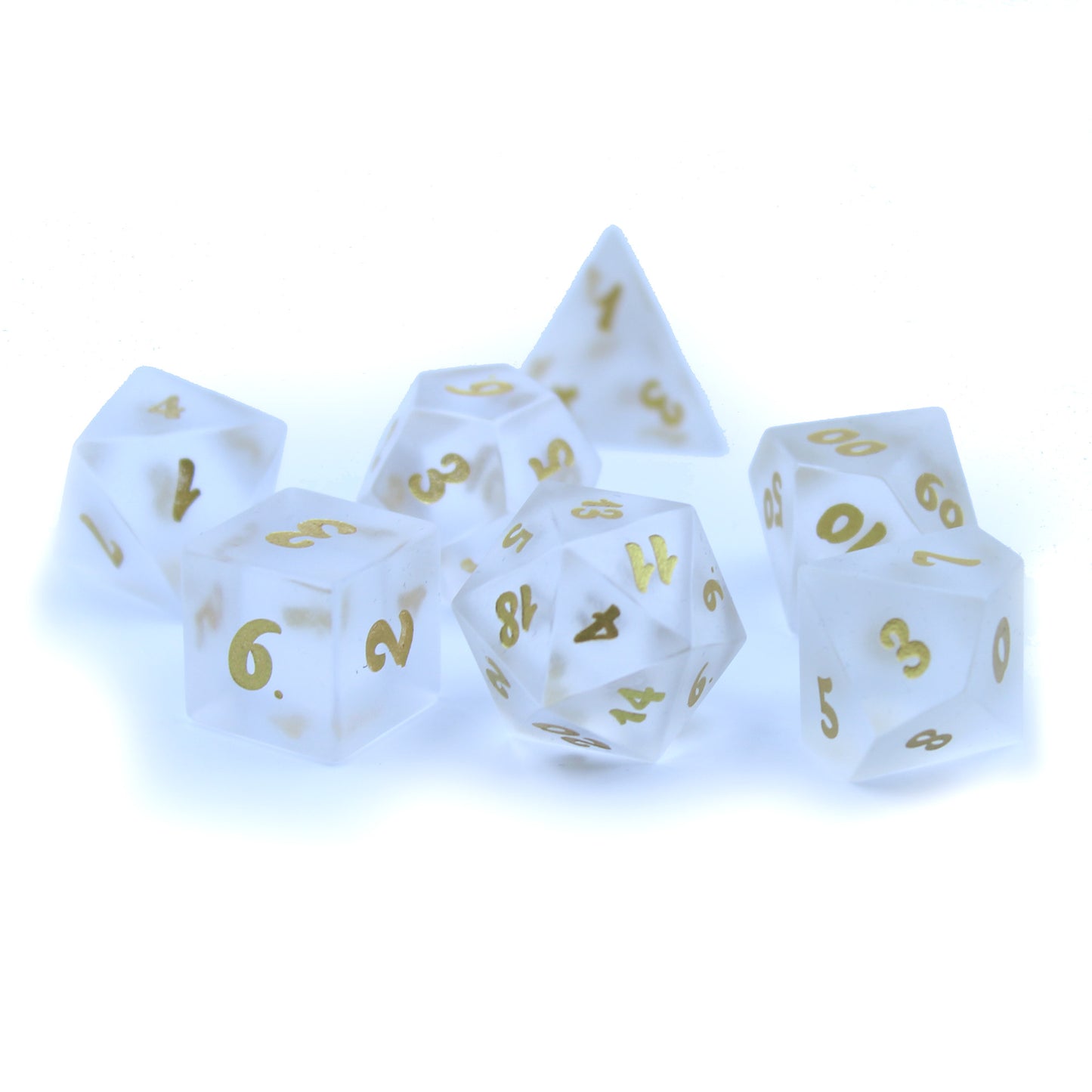 Set of white frosted glass RPG dice with golden font backlit on a white background