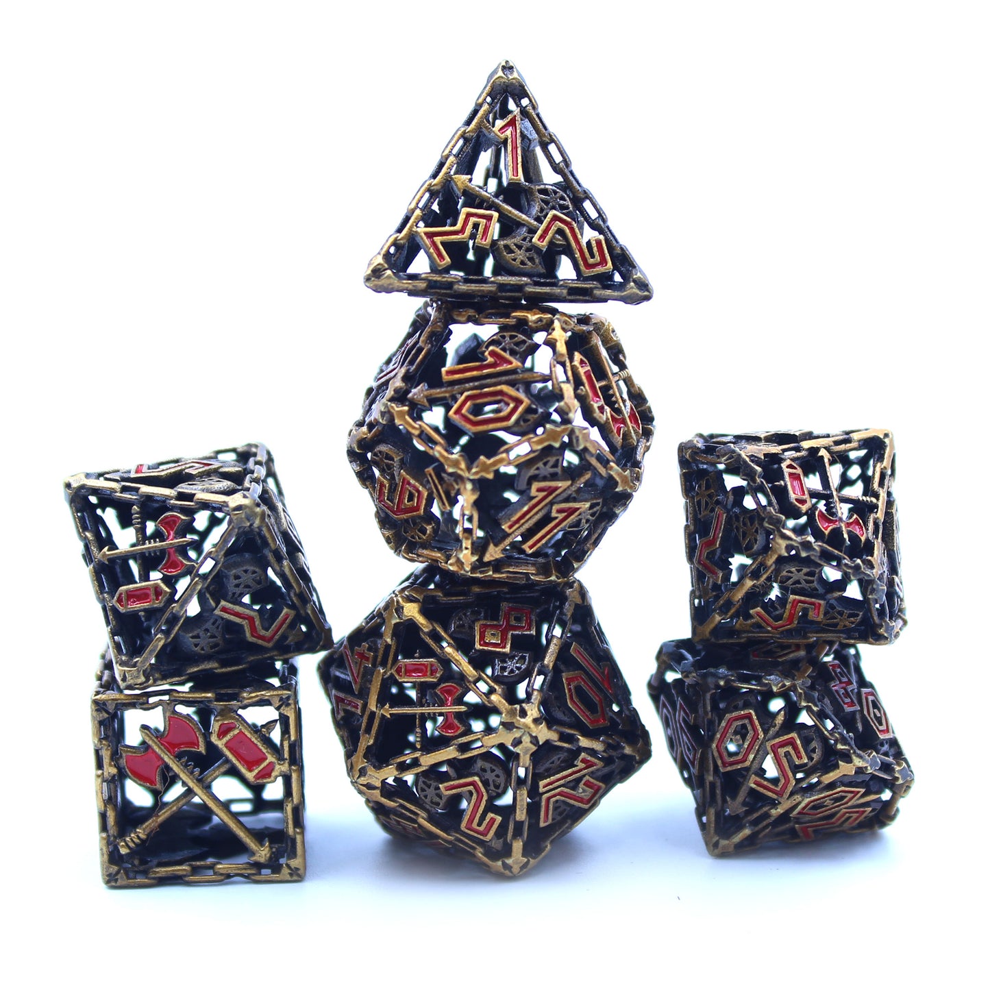 Gold Barbarian Cage Dice Set with red inking, stacked to showcase the detailed numbers, bordered chains, and crossed weapons on the highest die faces.