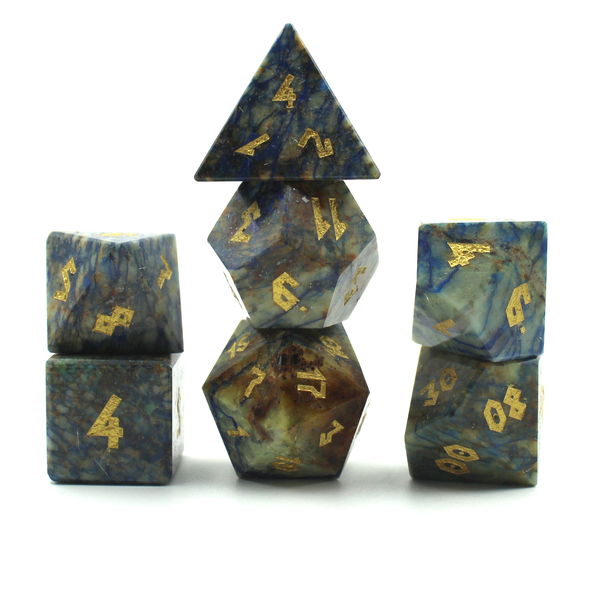 Azurite dice set displayed in three stacks on a white background