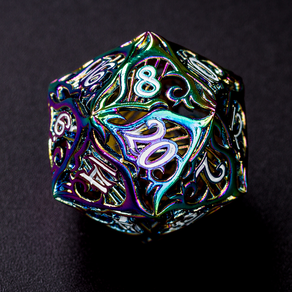Closeup of a single multicolored hollow metal bard-inspired twenty sided die with white numbering on a black background
