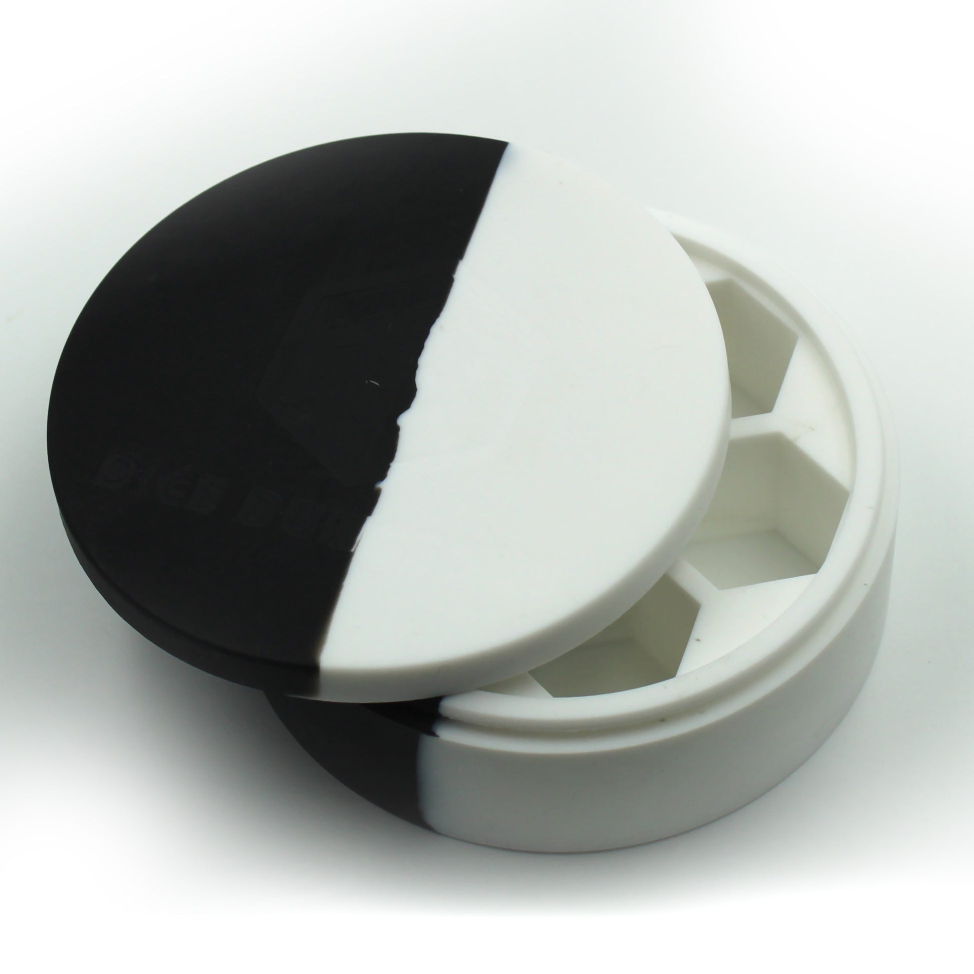Silicone Round Dice Case with the lid almost fully closed, demonstrating the snug, flexible closure mechanism for secure transport.