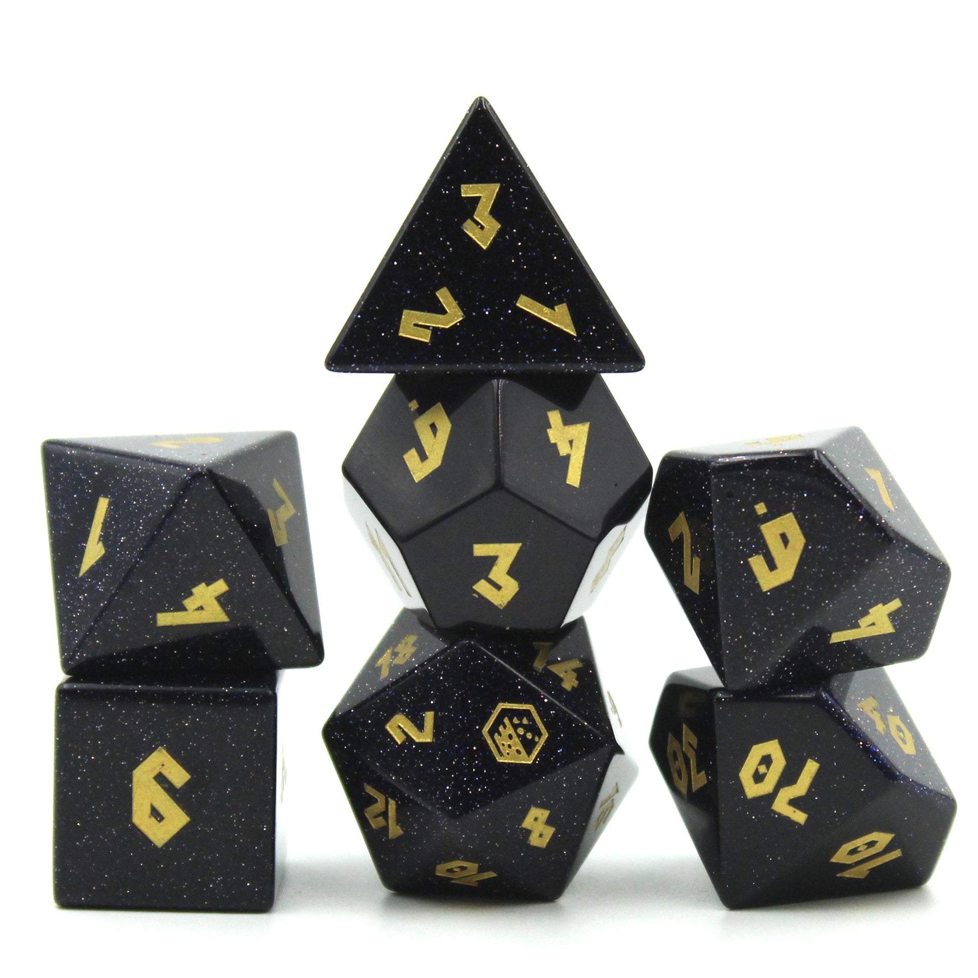 Stacked Blue Goldstone Dice Set. Faux sandstone dice.