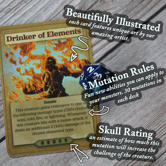 A card on the left with a notes about the illustration, mutation rules, and skull rating on the right, on a white wood paneled background